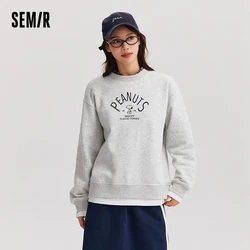 Semir Sweatshirt Women Spliced Fake Two-Pieces Loose Winter 2024 New Embroidered Fleece Casual Top