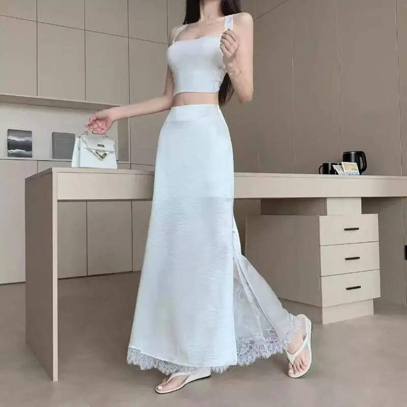 2026 High-End Satin Lace Fishtail Skirt for Women Spring/Summer High-Waisted with Split French Style Temperament Thin Split