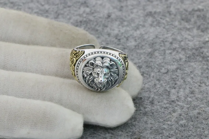 European and American S925 Silver Vintage Crown Lion King Ring Male Handsome Sterling Silver Cross Male Lion Head Opening Adjust