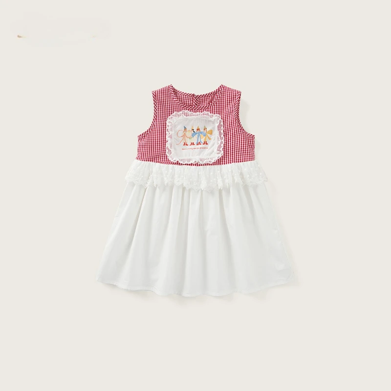 2026 Summer New Children's Hot Selling Red Checkered Cartoon Pattern Splicing White Skirt Dress