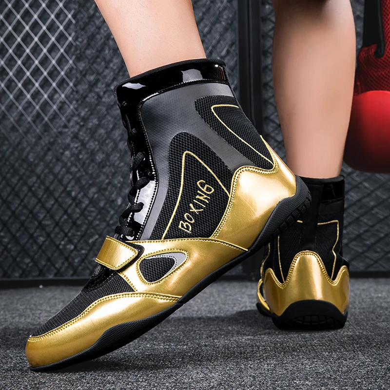 Profissional Unisex Ouro High Top Wrestling Shoes Boxe e Botas de Treinamento de Combate Sapatos Esportivos Ao Ar Livre Grandes Tamanhos 36-47