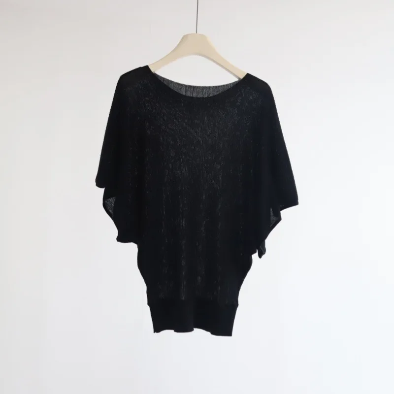 Dave&di Bat Sleeve Groove Strip Slimming And Waist Cinching Temperament Short Sleeved Knitted Shirt Summer New Loose Top