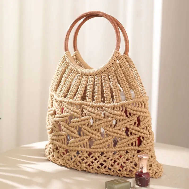 New Wooden Handle Rattan Handle Brown Beige Hollow Handmade Cotton Rope Woven Bag Seaside Holiday Forest Handbag for Women