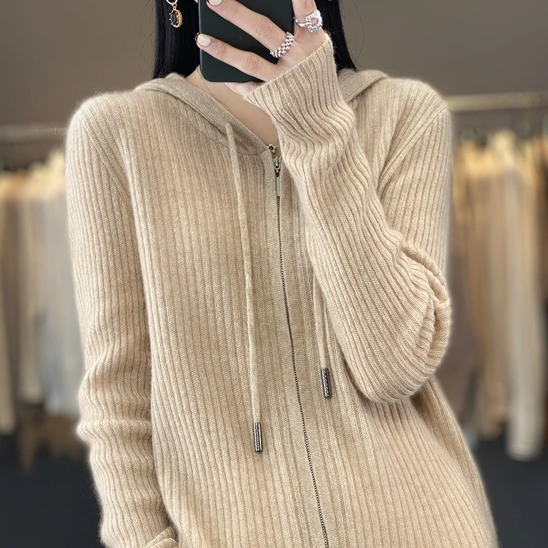 

Spring and summer new style women's hooded cardigan 100% pure wool long sleeve coat women's casual slim Korean fashion blouse