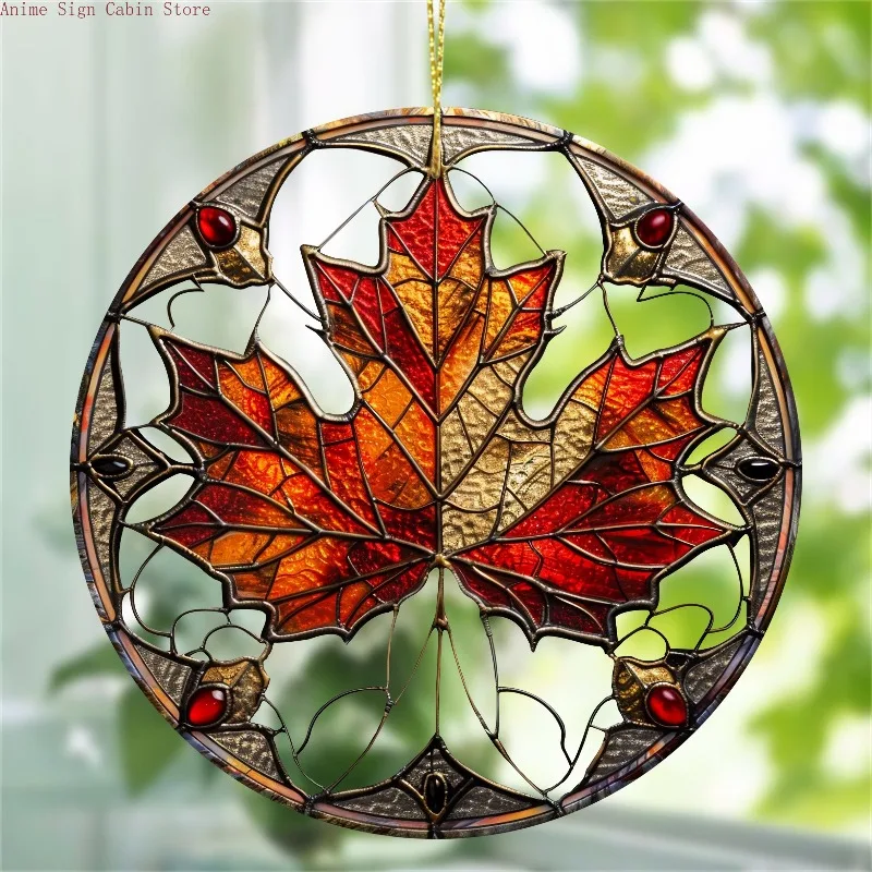 [2D Flat] One Item, Stylish Maple Leaf Glasses,Acrylic Sign,Round Decoration,Elegant Window,Porch,Wall Art for Home Room Decor view 4