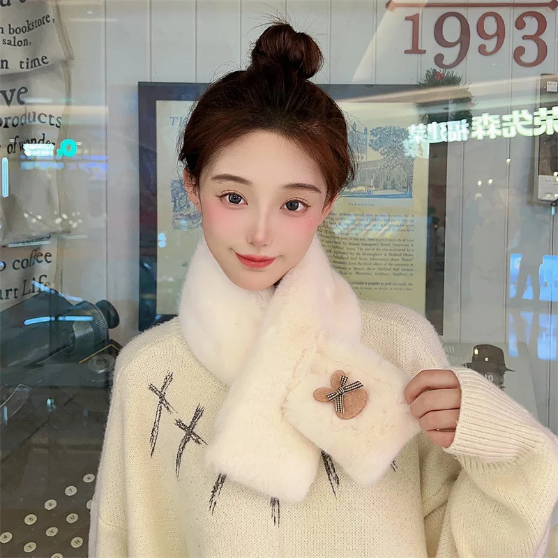 

Women Fashion Winter Scarf Korean New Style Faux Rabbit Fur with Bow and Bunny Warm Cross Neck Wrap for Students