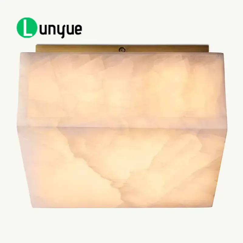 American Luxury Simple Steel Ceiling Light Modern Square Alabaster Fixture for Bedroom Study Living Room Creative Flush Mount