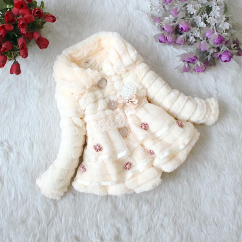 Fashion Kids Faux Fur Coat Autumn Winter Warm Plush Baby Jacket Christmas Cute Floret Lace Princess Outwear Toddler Girl Clothes