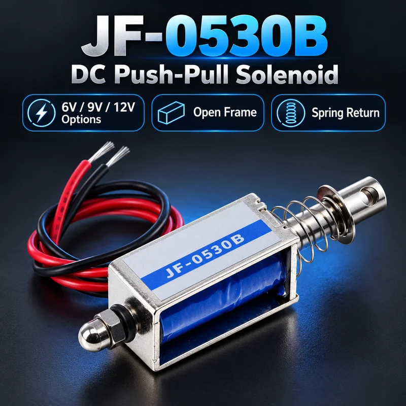 JF-0530B DC Push Pull Solenoid Electromagnet 6V 9V 12V Options Open Frame Linear Actuator Spring Return for DIY Automation