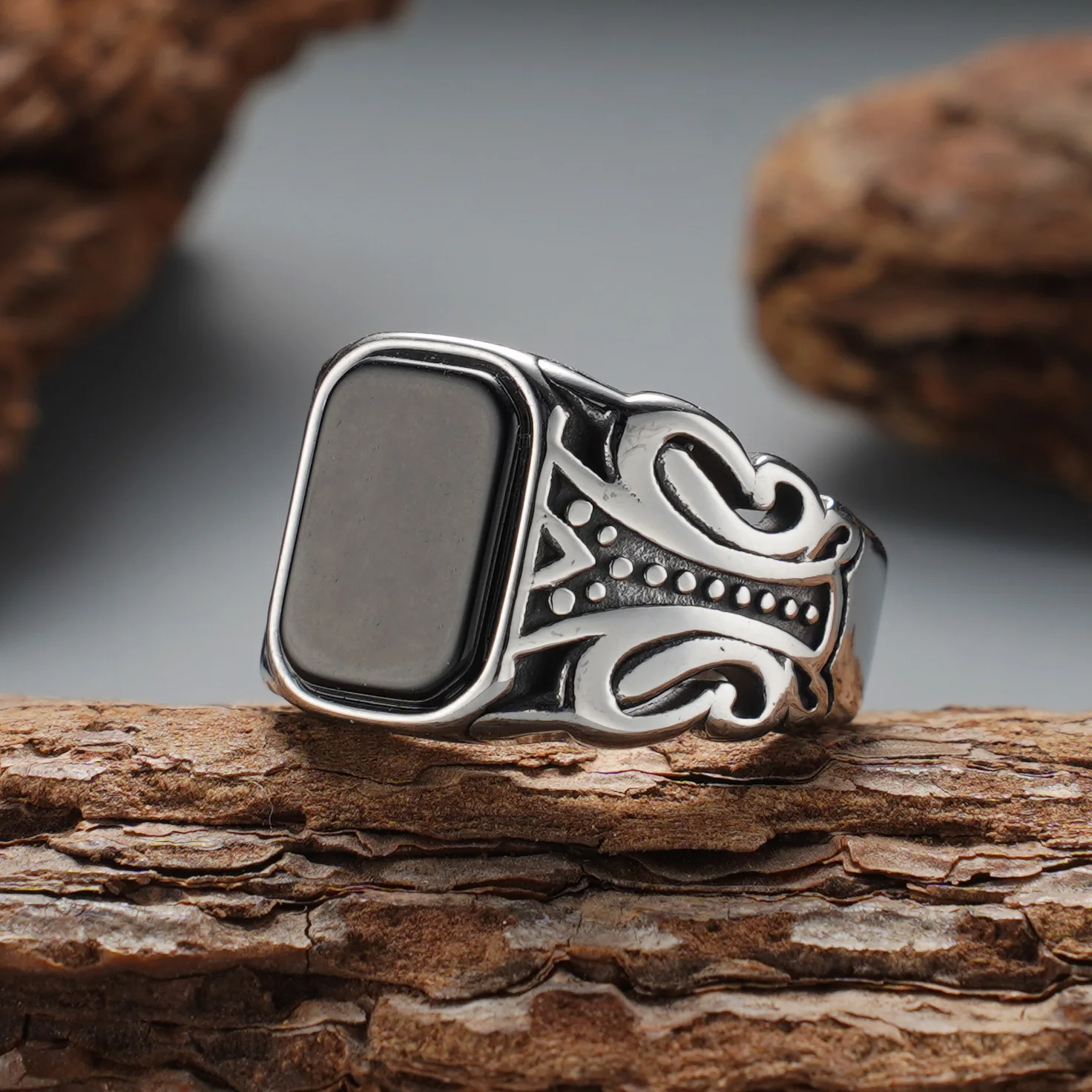 Trendiger Modischer Geschnitzter Achat Edelstahl Herren Statement-Ring – Detail 4