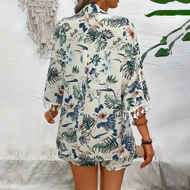 Short Sleeve Women Tassel Hawaiian Summer Printed Sun Protection Shirt Short Two-piece Suit