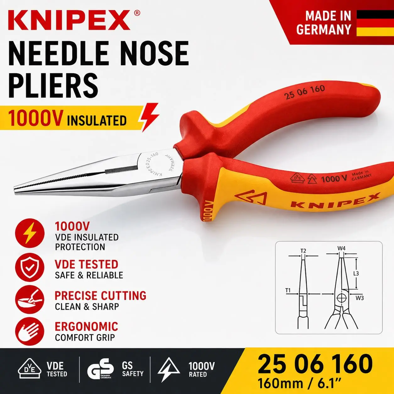 KNIPEX Snipe Nose Side Cutting Pliers, 8-Inch Stork Beak Pliers, 1000V VDE Insulated Long Nose Pliers, Professional Electrician