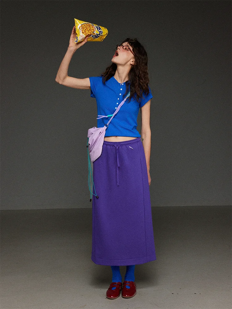 TNIT Retro Casual Elastic Waist Drawstring Split Straight Half-length Skirt Women's Spring Summer Versatile Long Skirt
