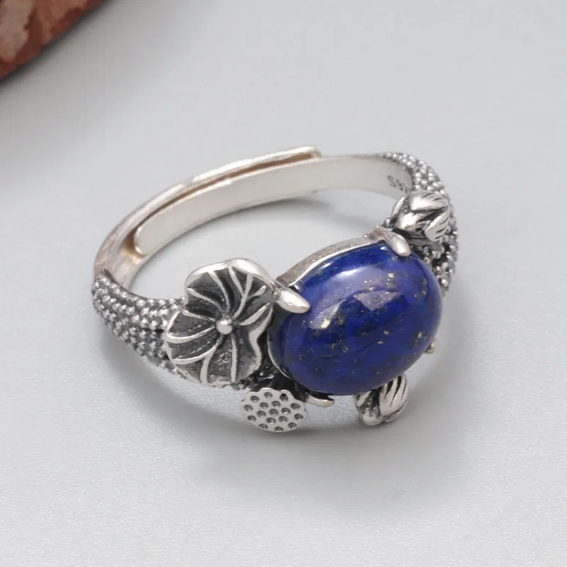 Ethnic 925 Sterling Silver Lotus Leaf Rings for Women Girls Retro Oval Lapis Lazuli Adjustable Ring Jewelry Wholesale JZ102