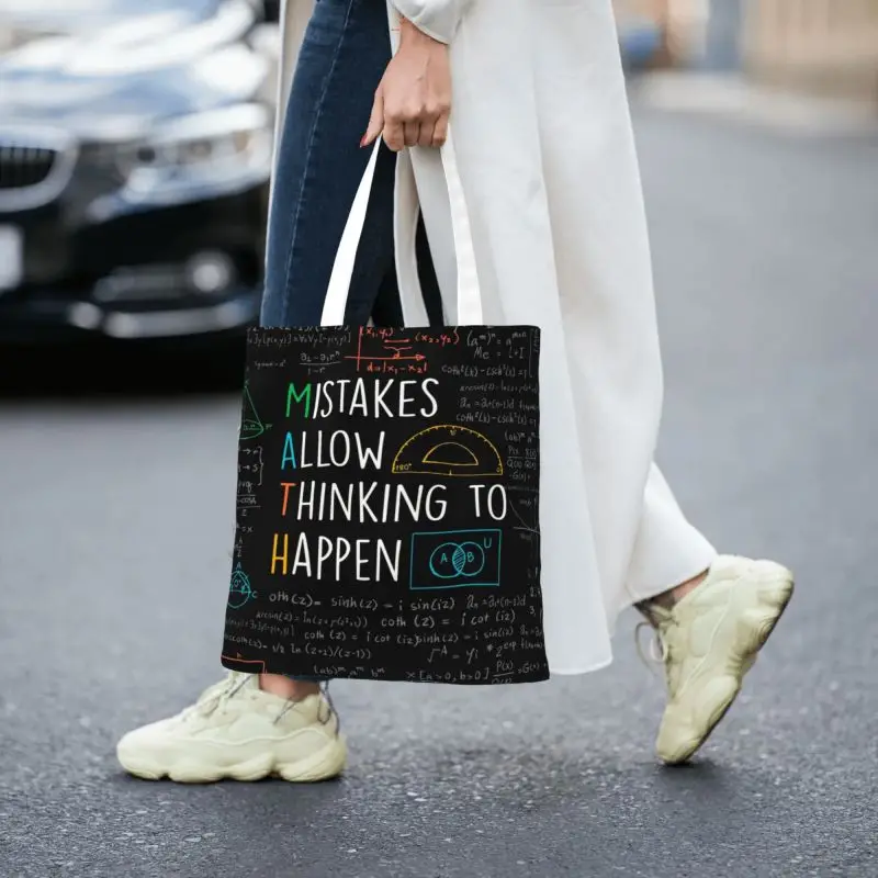 Fashion Printed Mistakes Allow Thinking To Happen Tote Shopping Bag Portable Canvas Shoulder Shopper Math Teacher Quotes Handbag