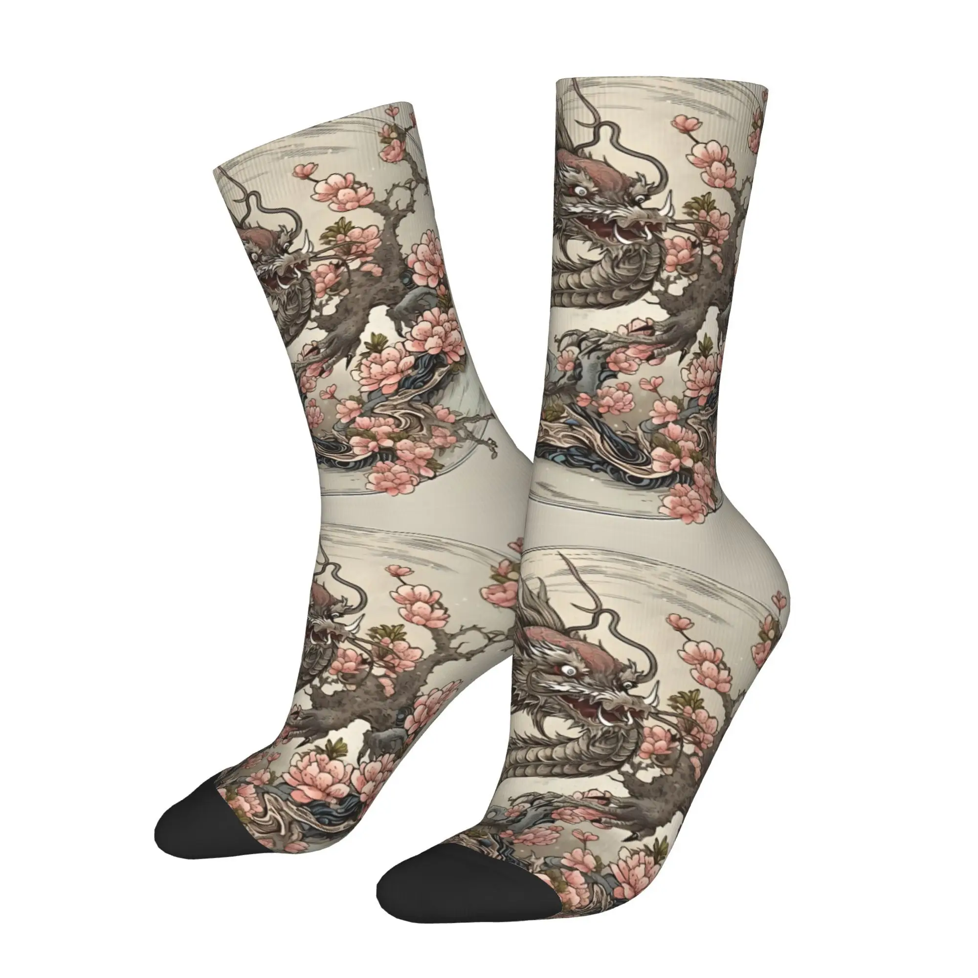 

Funny Sock for Men Japanese Dragon With Cherry Blossoms Hip Hop Harajuku Happy Breathable Pattern Printed Crew Sock Casual Gift