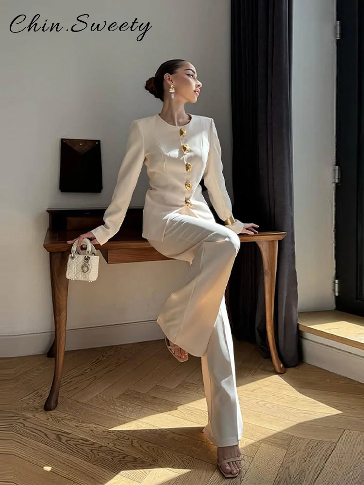 Elegant Women's Solid Pants Sets O-neck Full Sleeve Single Breasted Blazer Straight Wide Leg Pant 2025 Autumn Lady Chic Suit New