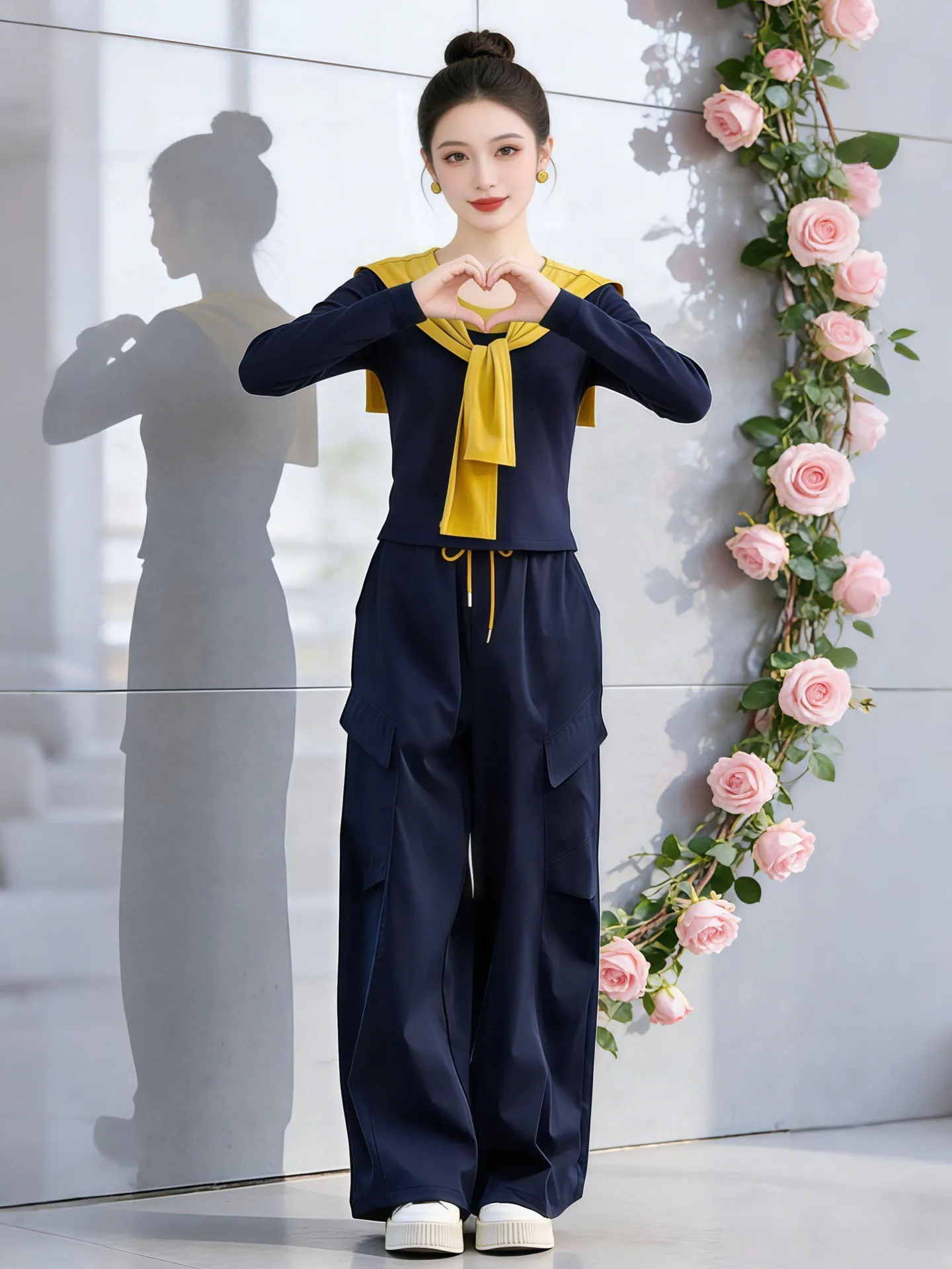 

Корейский модный комплект из топа с открытыми плечами и широких брюк для женщин, весна-осень, новый стиль, удобный, дышащий, повседневный.