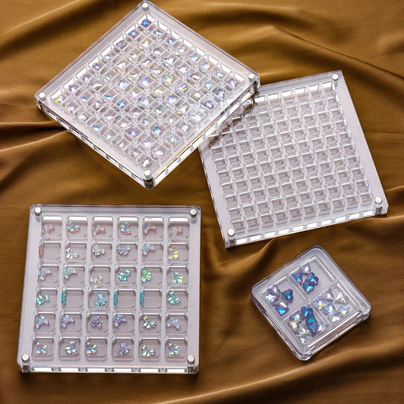 36/64/100 Grids Clear Acrylic Nail Rhinestone Display Organizer Crystal Diamond Stone Storage Box Jewelry Container Decoration