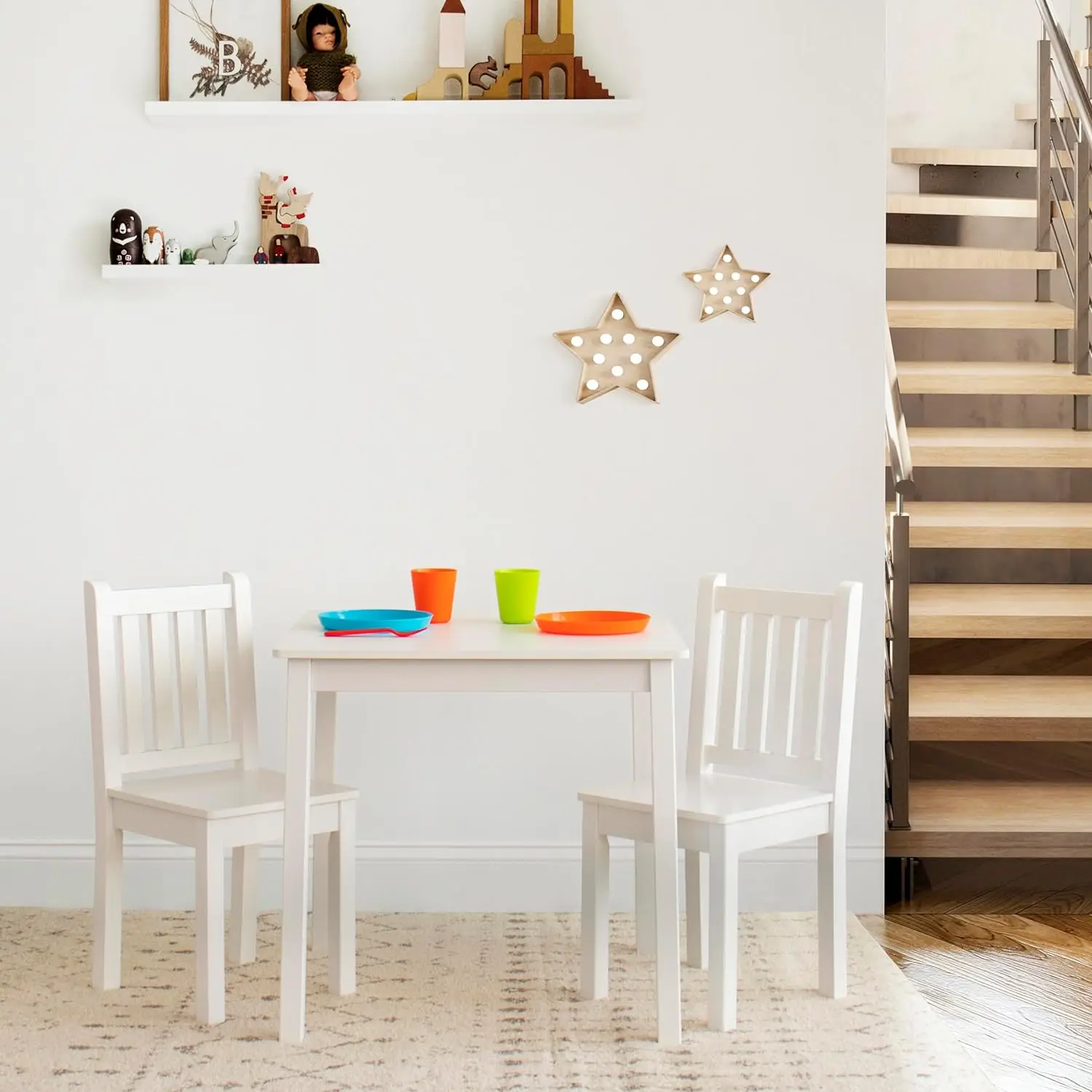 Witte houten vierkante kindertafel en 2-stoelenset voor woonkamer en slaapkamer