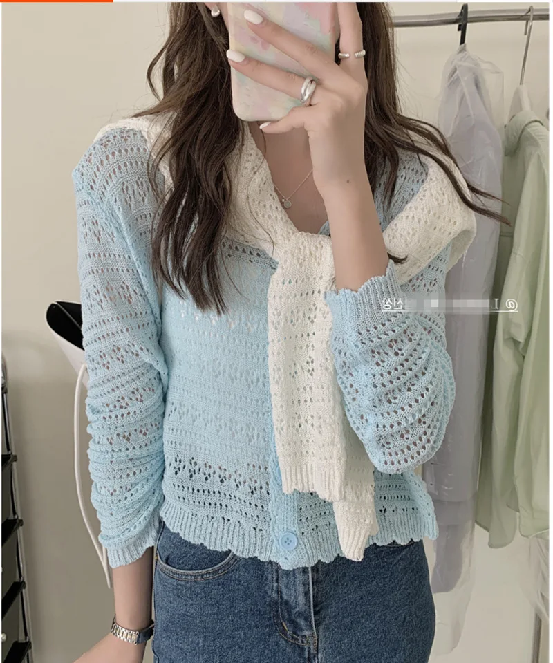 Cardigan tricoté ajouré pour femmes, Protection solaire fine, manches longues, Style court, petit haut de Protection solaire