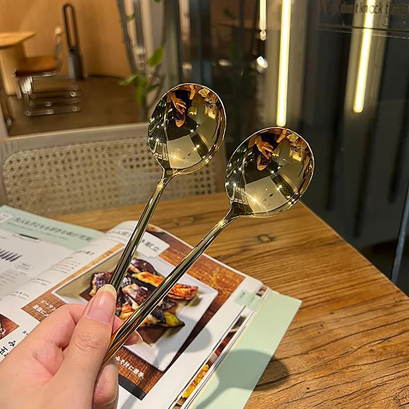 الفولاذ المقاوم للصدأ جولة رئيس ملعقة النمط الغربي مقبض طويل ملعقة سميكة الأكل ملعقة المنزلية مغرفة أواني المطبخ