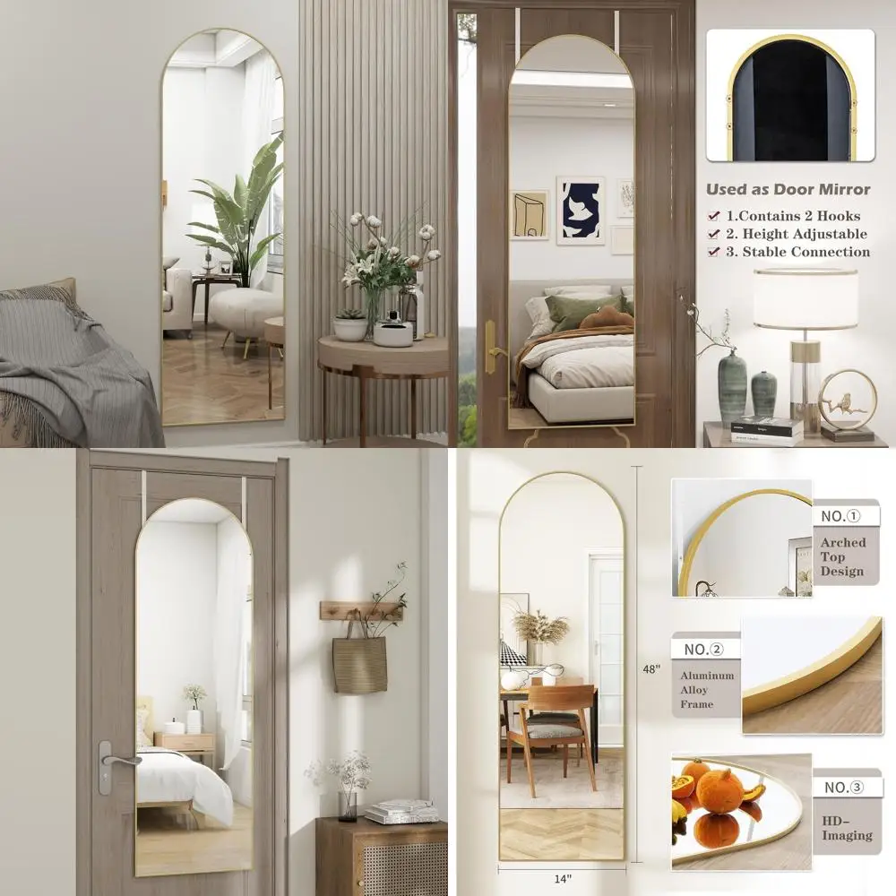 Gold Arched Door Mirror, 14x48 Full-Length Hanging or Wall Mirror for Full Body Reflection