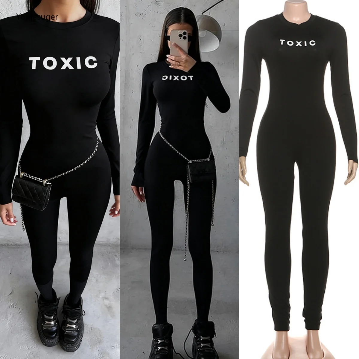 

Yomesugar черные комбинезоны с буквенным принтом, женские весенние трендовые облегающие комбинезоны с круглым вырезом и длинными рукавами на молнии сзади, спортивная одежда, уличная одежда