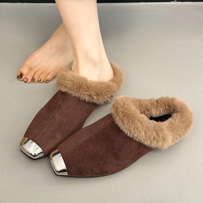 الفراء النعال النسائية ساحة تو موضة البغال Singback أحذية 2025 جديد أحذية الشتاء الدافئة عادية قصيرة أفخم دافئ فام أحذية الثلوج
