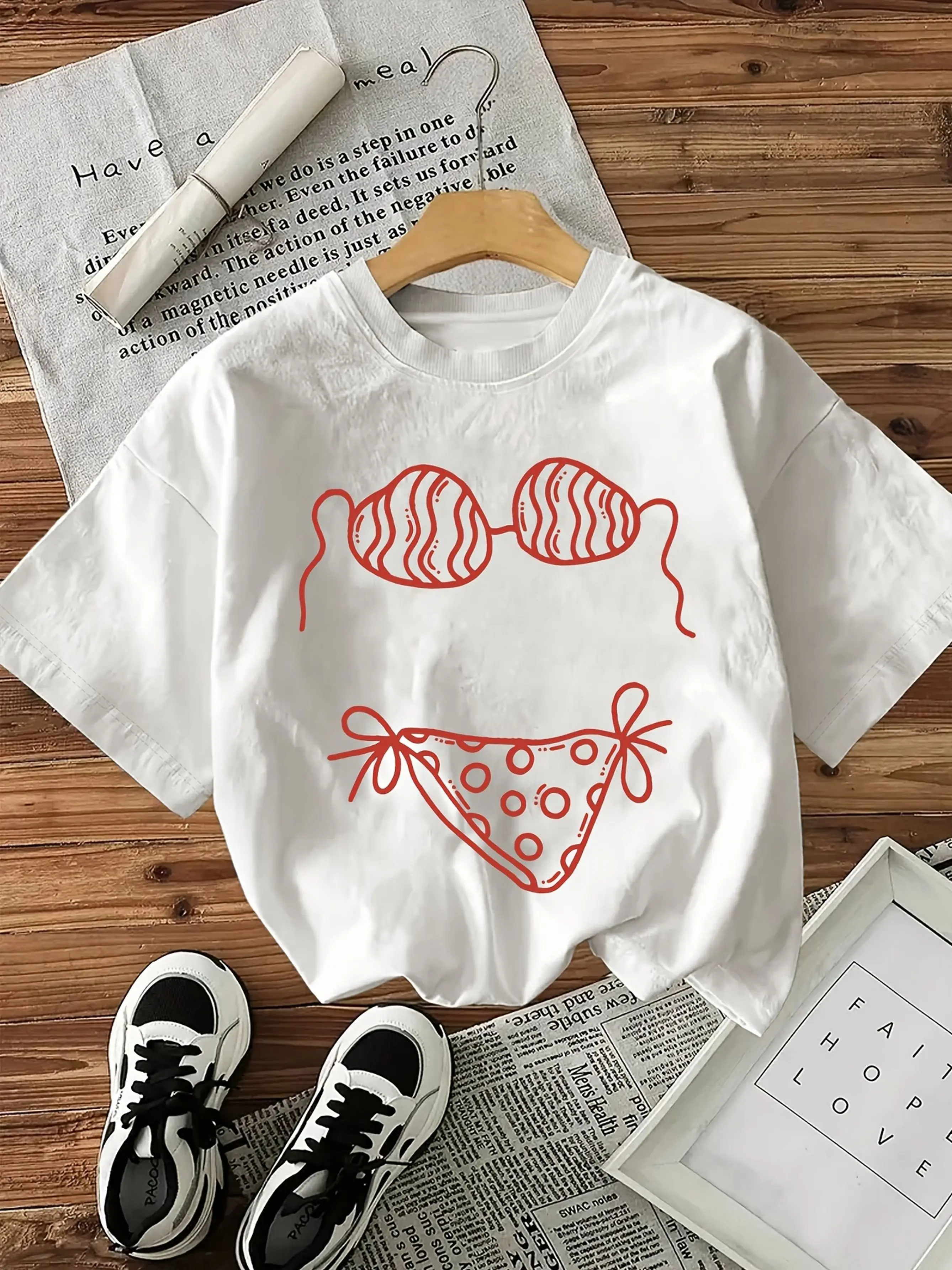 Women's Casual Style Sleeved Pure Fitting Red and White Line Print Breathable Friendly Beach Daily Casual Top Letter Pattern