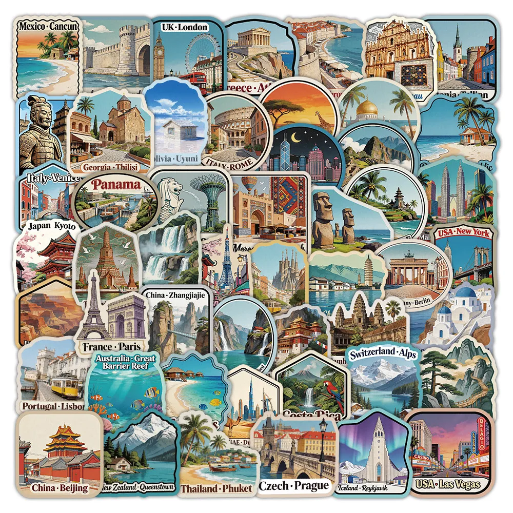 60Pcs World Travel Scenery Pattern Stickers Global Landmark Art Decor Decals Giajar Sticker Store