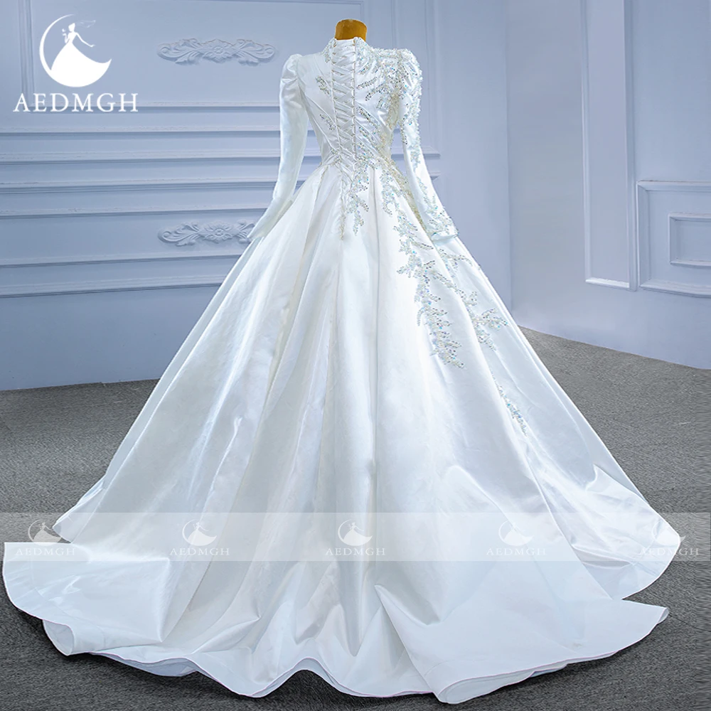 Aedmgh a-line abiti da sposa principessa 2024 collo alto manica lunga Robe De Mariee elegante perline paillettes raso Vestido De Novia