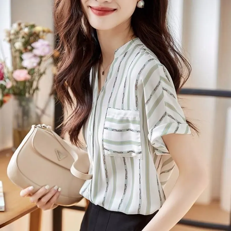 Office Lady Striped Pockets Patchwork Shirt Summer Short Sleeve Elegant V-Neck Single-breasted Female Clothing Chiffon Blouse