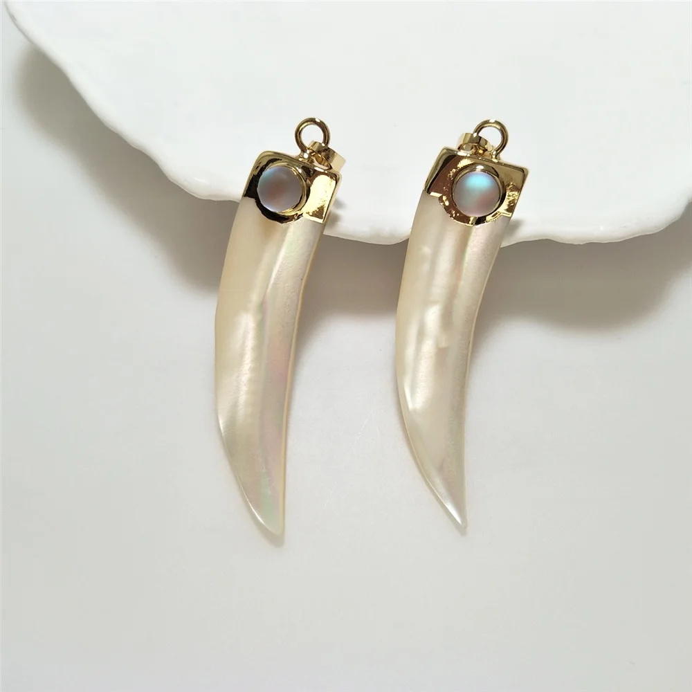 1 Pc Natural Irregular Shape Shell Inlaid Artificial Opal Pendant, Long Horn Women\'s Necklace To Make Accessory PD093