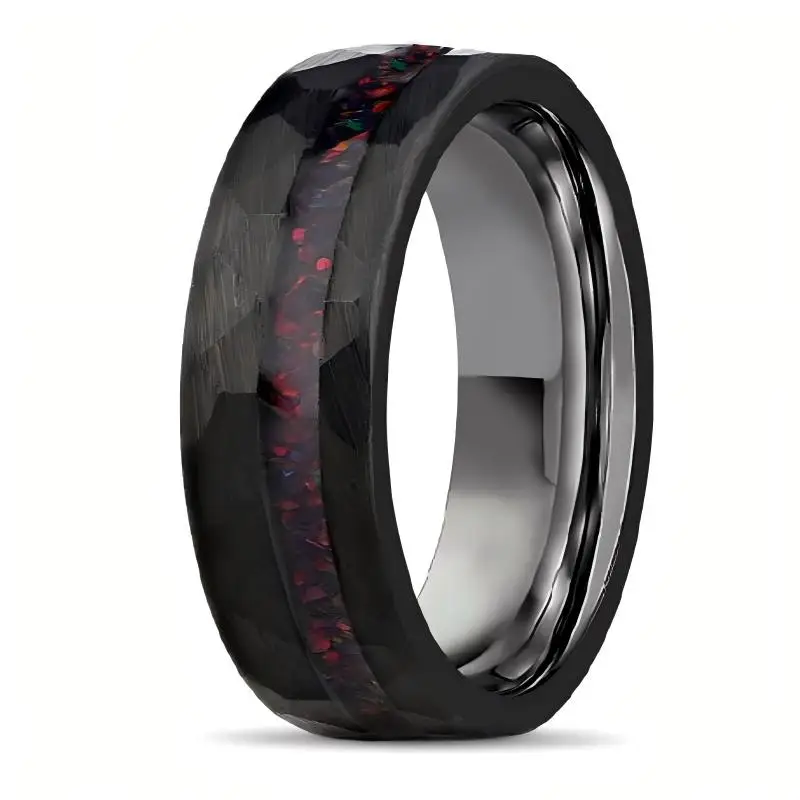 

8mm Black Zinc Plated Channel Set Real Broken Opal Hammered Tungsten Carbide for Men Women Couple Wedding Band Ring