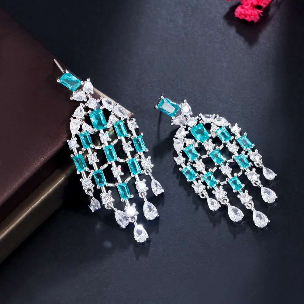 CWWZircons Chic Europe Royal Cubic Zircon Light Blue Long Tassel Water Drop Earrings for Women Engagement Wedding Jewelry CZ342