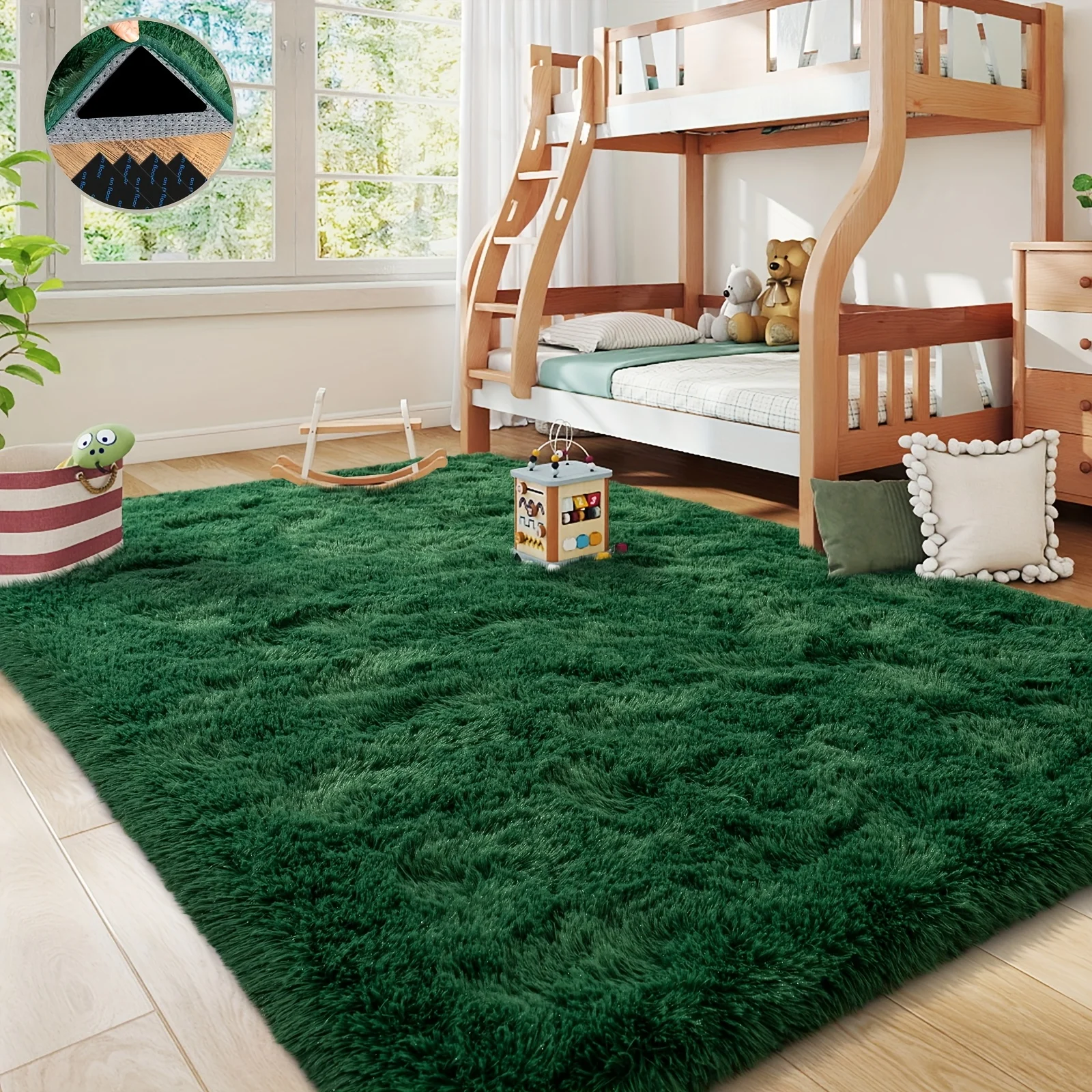 Tapis moelleux doux vert foncé, adapté au tapis de décoration de salon, chambre à coucher, tapis en peluche carré antidérapant amélioré