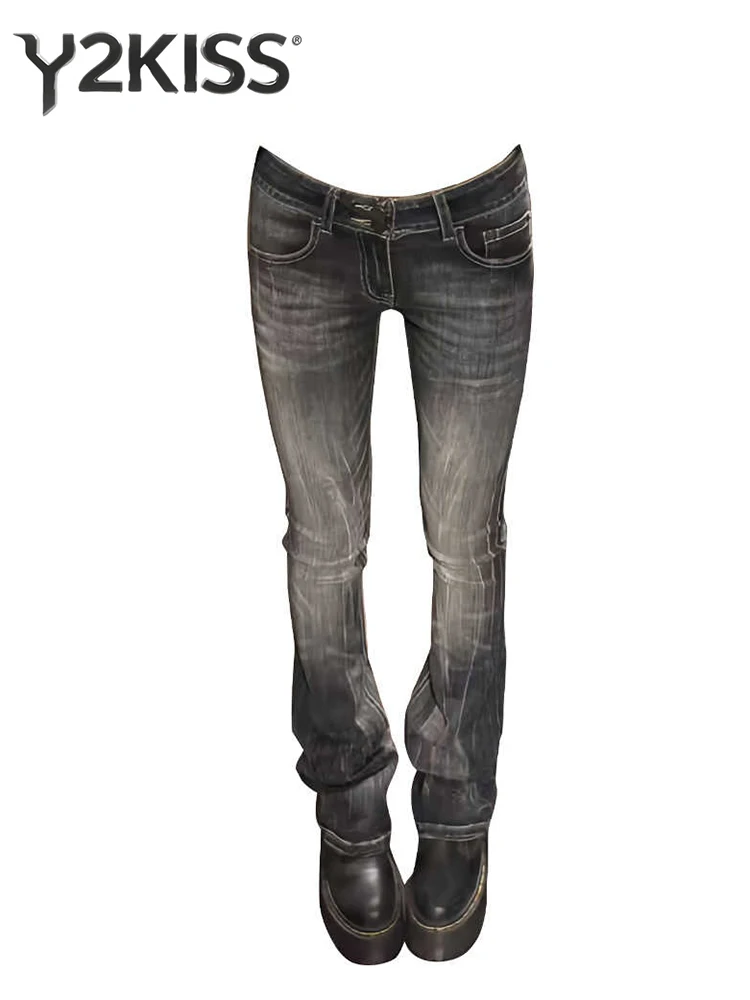 Women's Low Rise Jeans Flared Denim Pants Black American Retro Bootcut Jeans Korean Skinny Y2k Japanese Bell Bottom Jeans Y2k