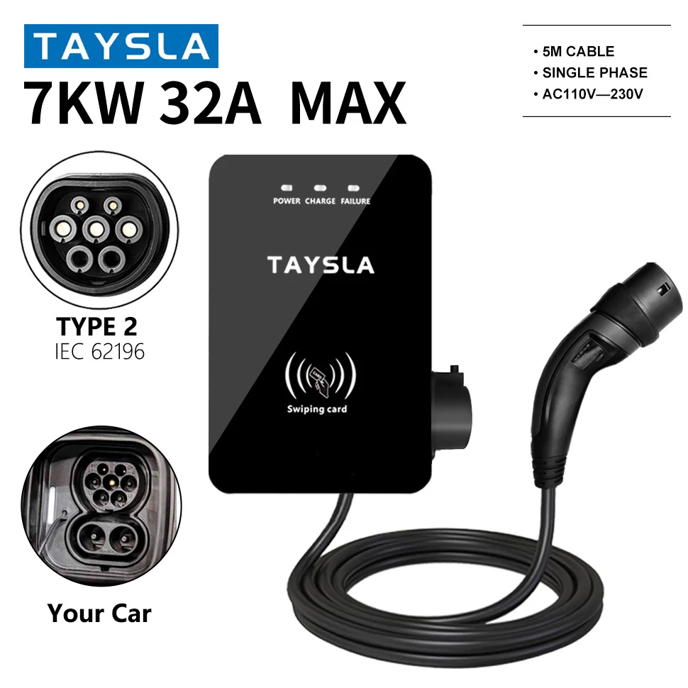 TAYSLA  Electric Vehicle Charging Station Type 2 7kW 32A Current Adjustable Wall Mounted Box Single Phase  5M Cable Swipe Card