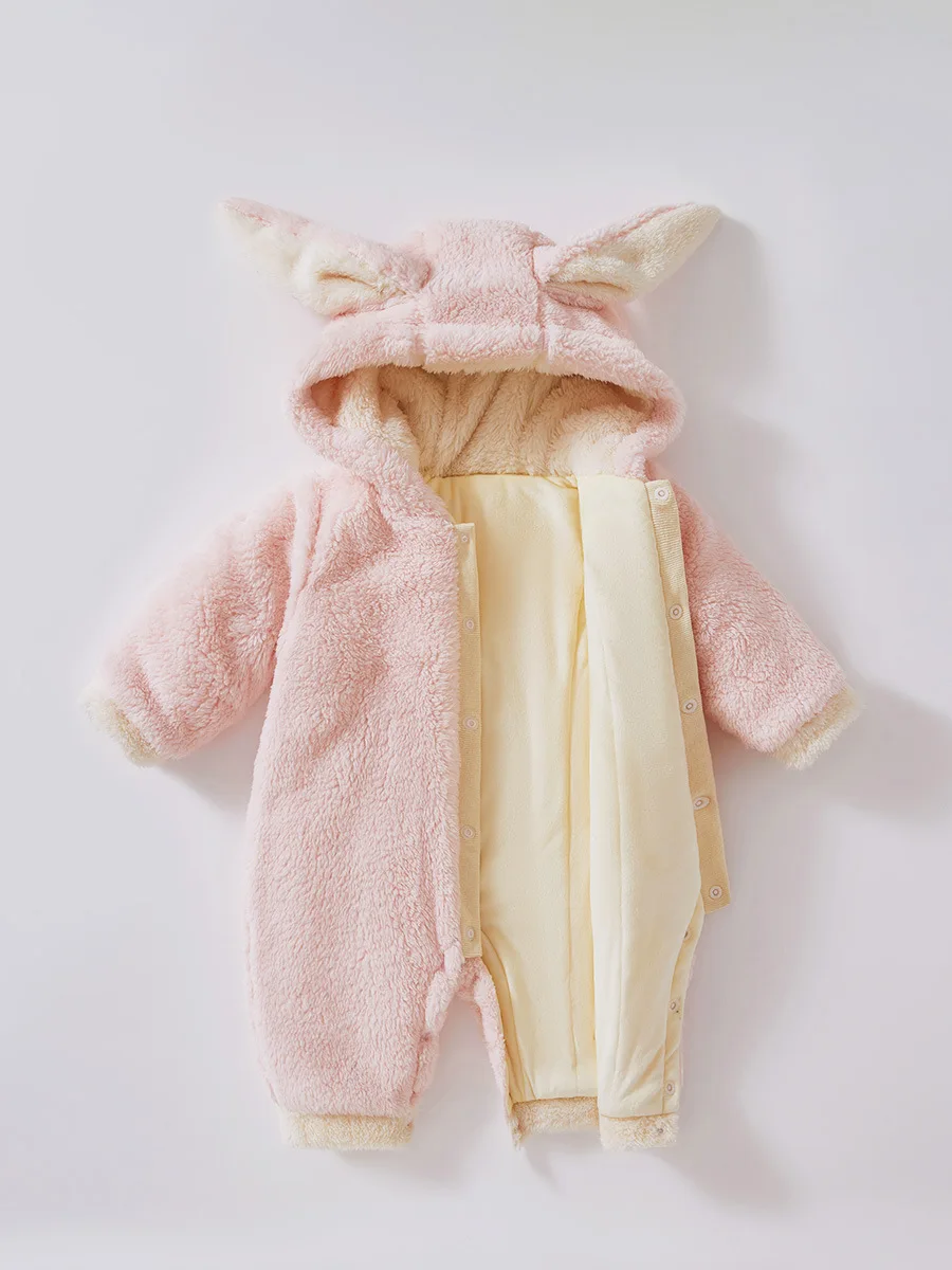 Fluffy Plush Long Sleeve Baby Pink Rompers Fashion Thicken Warm Winter Todder Clothing Cute Rabbit Ear Hooded