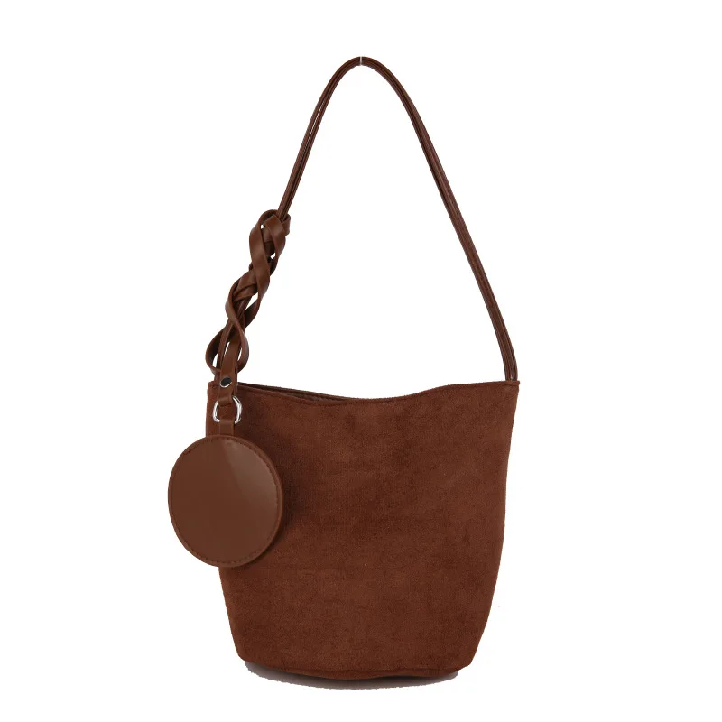 Solid Color Women Suede Shoulder Bucket Bags Large Capacity Versatile Ladies Underarm Tote Casual Female Phone Handbags Purse view 6