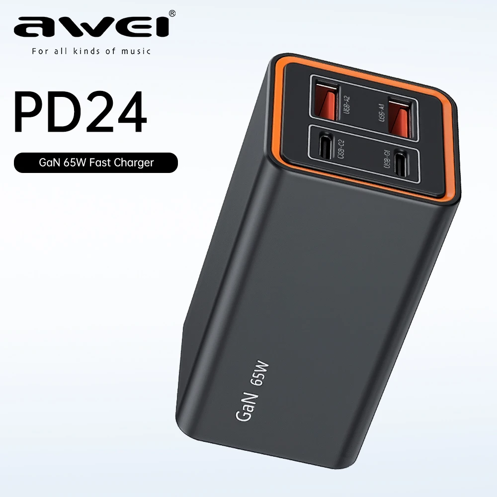 

Awei PD24 GaN 65W Fast Charger Type C PD USB Fast Charging QC 4.0 3.0 Quick Charge For iPhone Huawei Power Adapter US Plug