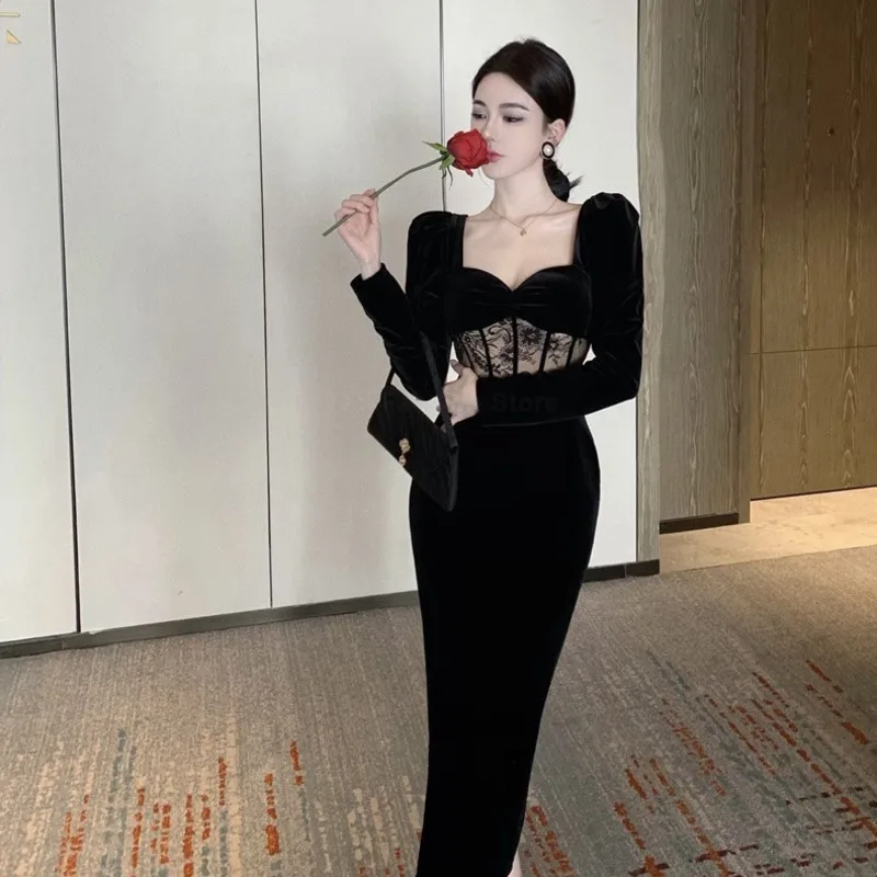 Women Elegant Black Velvet Sexy Party Dress French Vintage Lace Patchwork High Waist Long Dress Lady Long Sleeve Prom Dress