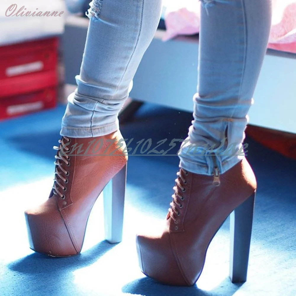 

Brown Front Lace-up Platform Pumps Shallow Runway Style Super Chunky High Heel Matte Leather Women Shoes Sexy Zapatos Para Mujer
