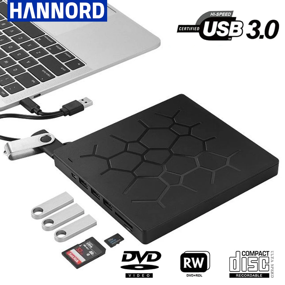 

USB 3.0 Type-C External CD/DVD Drive With SD/TF & USB 3.0 Slots Optical CD DVD Writer VCD Player For PC Mac Desktop Laptop Linux