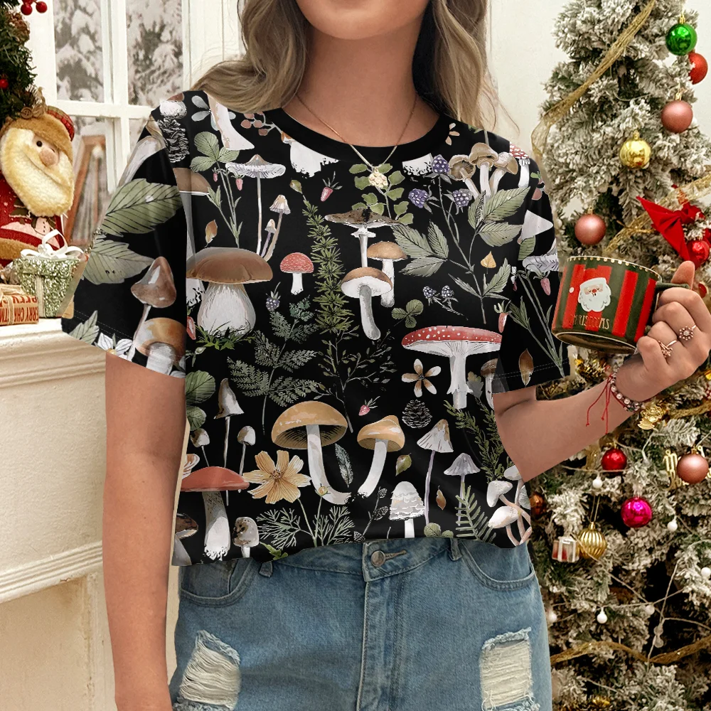 

Женская черная футболка с принтом грибов в стиле природы, повседневный летний стиль, топ с круглым вырезом и короткими рукавами для повседневной носки
