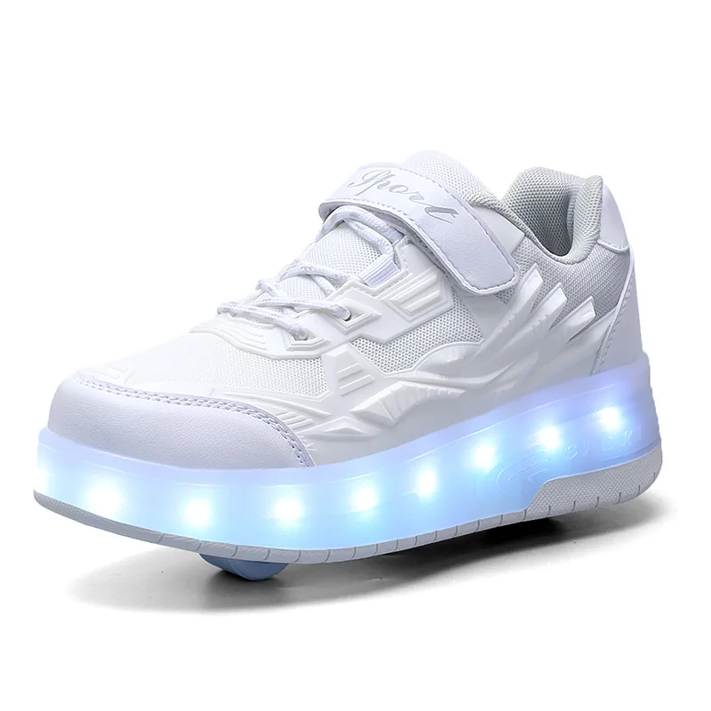 Kid Wheels Shoes Roller Skate Shoes 2 Ruedas Niño Adulto Unisex Deform Sneakers Deporte al aire libre Deformación Parkour Runaway Boy Girl Youth Gift 2 en 1 Calzado Led Rueda extraíble luminosa 29 30 31 32 33 34 35-41