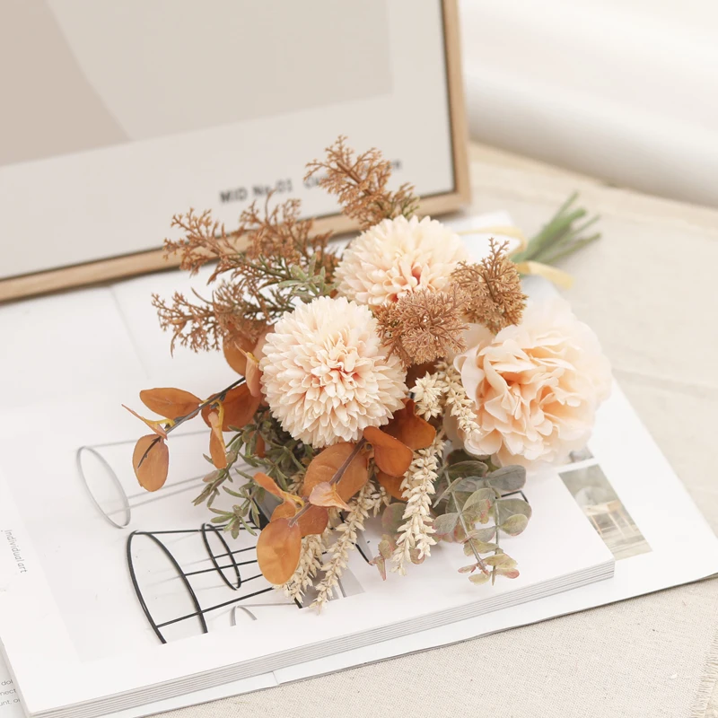 Champagne Artificial Flowers Silk Peony For Indoor Fake Floral Dandelion Ball Home Wedding DIY Decorations Bride Bouquets Crafts
