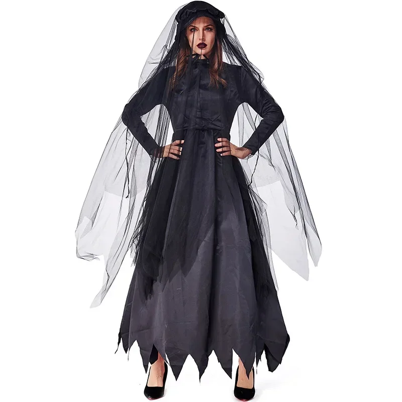 Halloween Scary Ghost Zombie Bride Costume For Women Black Dress With Veil