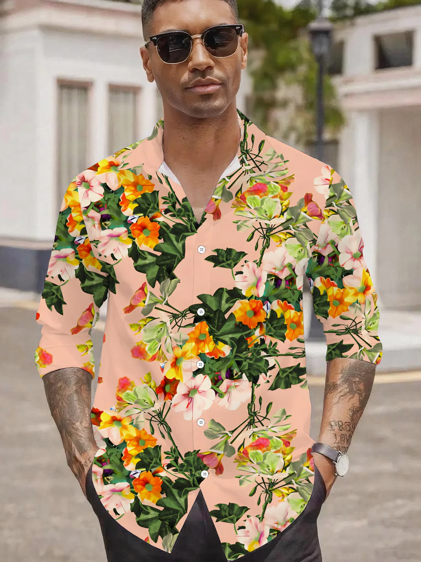 Men'S Fashion Pink Shirt - قميص رجالي بأكمام طويلة وأزرار سفلية،